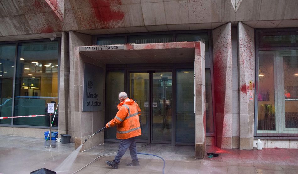 The Ministry of Justice was sprayed with blood-red paint, apparently in support of the hunger strikers in prison. Image: Vuk Valcic / Alamy 