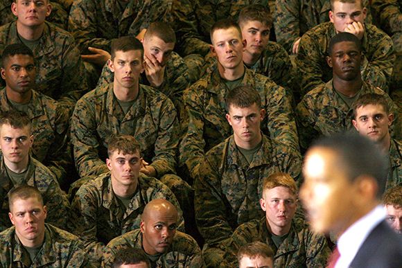 CAMP LEJEUNE, NC - FEBRUARY 27:  President Barack Obama delivers an address to Marines and other military personnel at the largest Marine base on the East Coast on February 27, 2009 in Camp Lejeune, North Carolina. President Obama outlined in his speech p