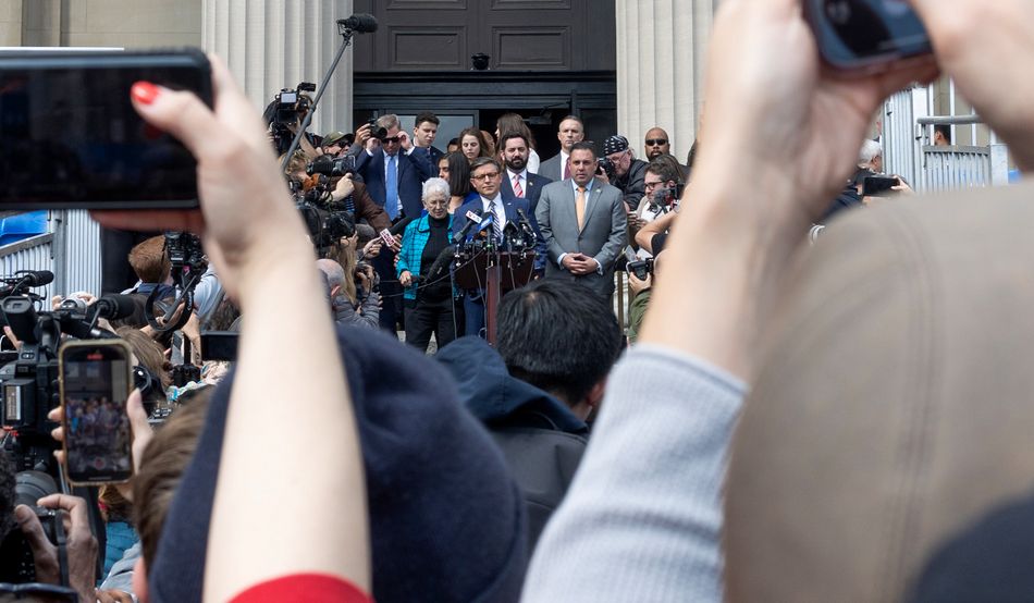 Republican speaker Mike Johnson was heckled on 24th April 2024 when he criticised students at Columbia for protesting. Image: Andrew Lichtenstein-Corbis via Getty Images
