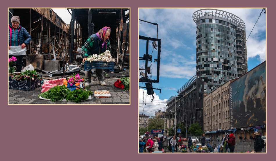 Vegetable and flower sellers set up makeshift stalls six days after the historic Lukianivska market was destroyed by strikes on 24th May. Credit: Jen Stout