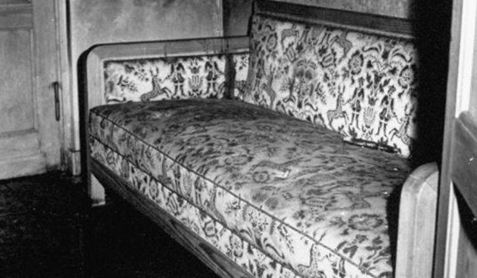 The blood-stained sofa in Hitler’s Berlin bunker, from which his DNA was collected. Image: Shutterstock