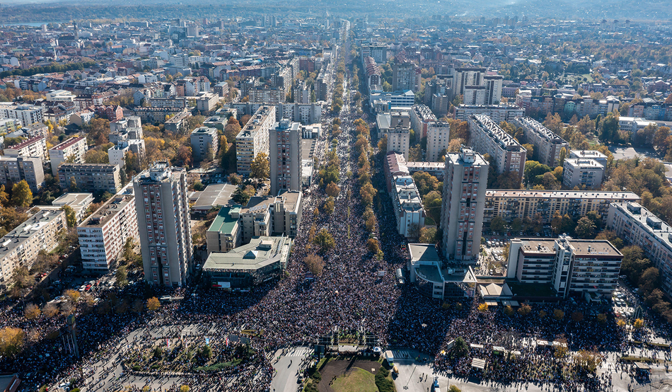 Crowds in Serbia last year on the first anniversary of the Novi Sad train station collapse, which sparked massive protests against the now former government. Image: Alamy