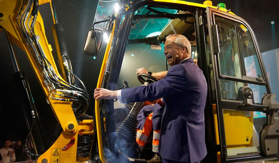 Diggers for victory: Reform UK is rising in the polls. Nigel Farage arrived at its local election campaign launch on a JCB. Image: PA Images / Alamy
