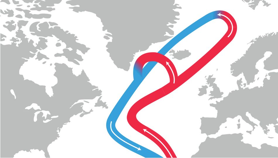 Schematic of the AMOC: Red shows near-surface flow and blue shows
return flow at depth. Source: metoffice.gov.uk