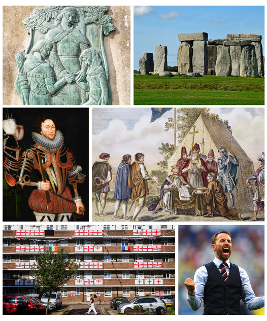 Collage of a nation, clockwise from top left:  a frieze depicting the wedding of Robin Hood and Maid Marian; Stonehenge; the signing of Magna Carta by King John; England football manager Gareth Southgate; flags adorn a building in London; Francis Drake. Images: Alamy