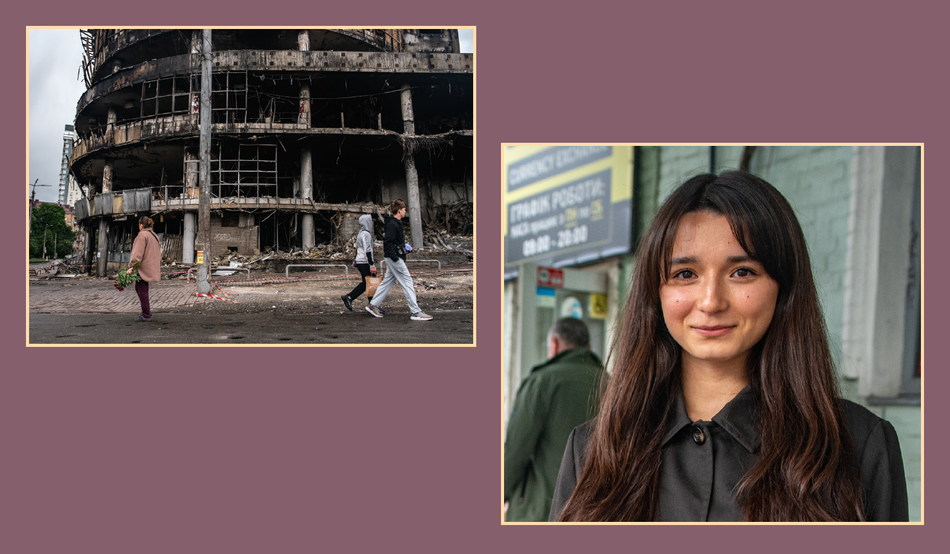 Near the metro in Lukianivska, a Kyiv neighbourhood, a shopping centre stands in ruins; commerce continues on nearby streets. Recent strikes have made 26-year-old Yulia, originally from Mariupol, feel more afraid. Credit: Jen Stout