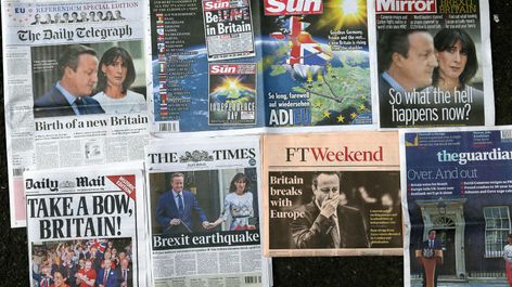 Newspaper front pages after the Brexit referendum result, 25th June 2016. Image: AP Photo / Alamy
