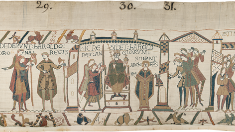 “Here sits throned Harold, king of the English.” Though, as the Bayeux Tapestry goes on to relate, his reign didn’t exactly end happily. Image: La Fabrique de patrimoines en Normandie / Antoine Cazin