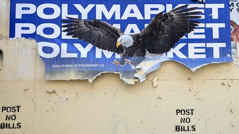 A torn Polymarket poster in downtown Los Angeles. Image: Nathan Dehnert